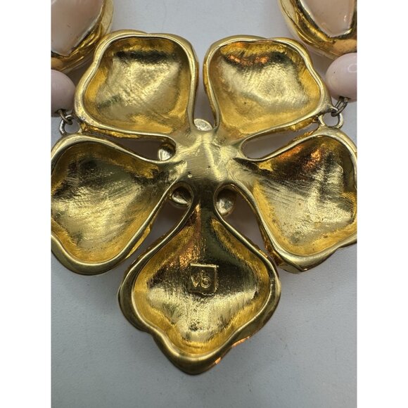 Vintage VB Pink Beaded Statement Necklace Gold Tone Enamel Flower Signed Rare - Picture 8 of 9